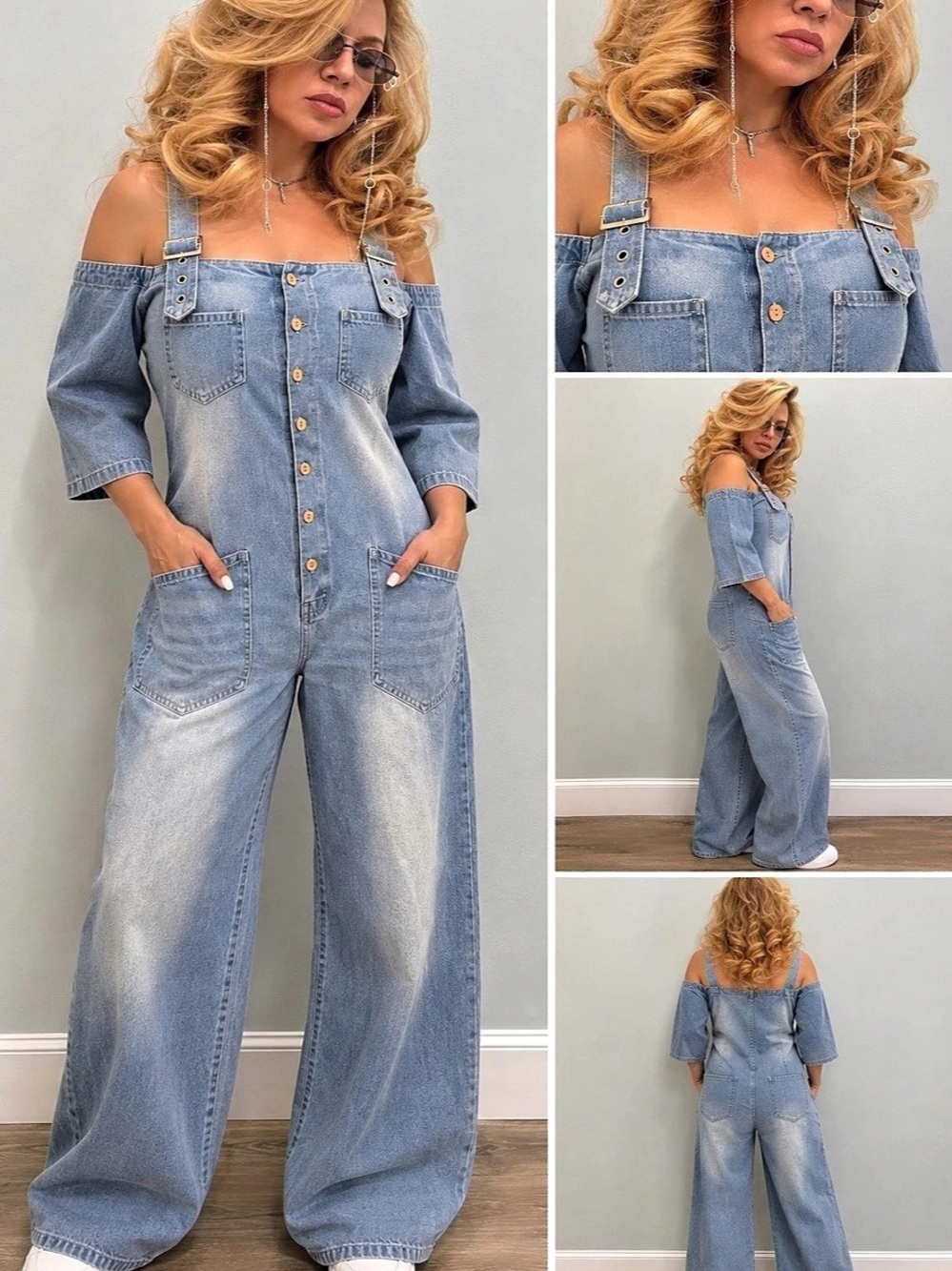 Women's Off-Shoulder Wide-Leg Denim Jumpsuit in Blue